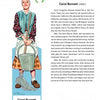Illustration of Carol Burnett as the “Scrub Lady” in a blue dress, red scarf, and white apron, holding a bucket—styled like Tom Tierney's paper dolls. From Famous Texas Women by Schiffer Publishing, Ltd., highlighting her career and designer Bob Mackie.