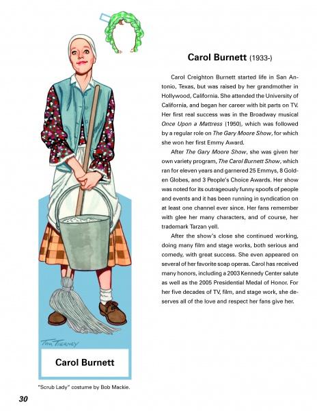 Illustration of Carol Burnett as the “Scrub Lady” in a blue dress, red scarf, and white apron, holding a bucket—styled like Tom Tierney's paper dolls. From Famous Texas Women by Schiffer Publishing, Ltd., highlighting her career and designer Bob Mackie.