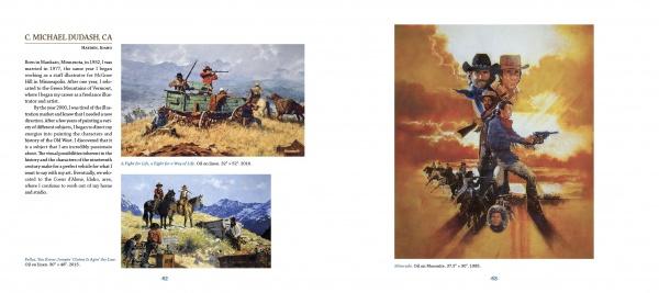 Two pages in Western Art of the Twenty-First Century (Schiffer Publishing, Ltd.) display four Western-themed paintings—cowboys, a stagecoach, and action scenes—by American artists, plus descriptive text on C. Michael Dudash.