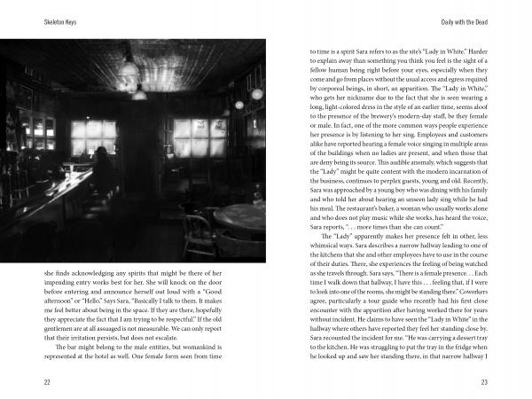 A dimly lit, vintage bar with empty chairs and tables sets a quiet scene. At the counter, a lone figure suggests ghostly tales—an atmosphere echoed in "Skeleton Keys" by Schiffer Publishing, Ltd., with descriptive text surrounding the image.