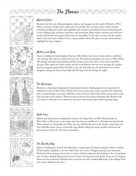 A page titled Stories of West Africa from Schiffer Publishing, Ltd. presents five short story summaries about women in West Africa, each with a grayscale illustration inspired by regional fabrics on the left and a brief titled description on the right.