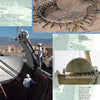 A collage from Schiffer Publishing, Ltd.’s Skateboard Parks shows workers assembling rebar, installing a precast concrete dome by crane, and preparing the facility for the final skatepark structure.