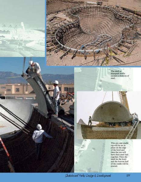 A collage from Schiffer Publishing, Ltd.’s Skateboard Parks shows workers assembling rebar, installing a precast concrete dome by crane, and preparing the facility for the final skatepark structure.
