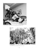 Top: Four young men have a pillow fight on a bed. Bottom: The book "100 New York Photographers" by Schiffer Publishing, Ltd. features black-and-white images capturing dramatic, lively scenes with crowds, angels, and winged figures.