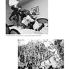 Top: Four young men have a pillow fight on a bed. Bottom: The book "100 New York Photographers" by Schiffer Publishing, Ltd. features black-and-white images capturing dramatic, lively scenes with crowds, angels, and winged figures.
