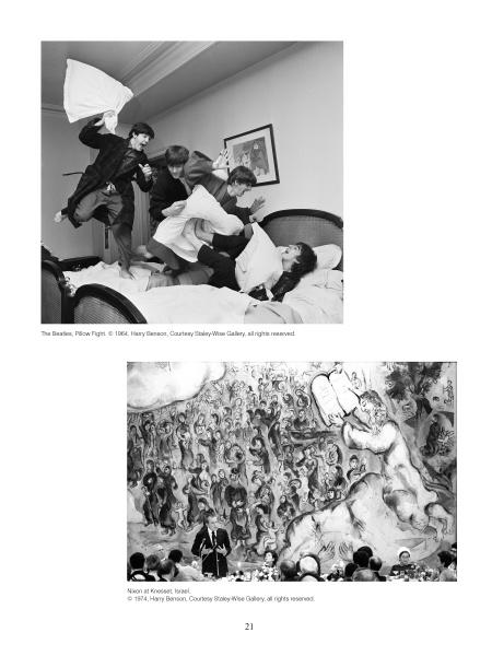 Top: Four young men have a pillow fight on a bed. Bottom: The book "100 New York Photographers" by Schiffer Publishing, Ltd. features black-and-white images capturing dramatic, lively scenes with crowds, angels, and winged figures.