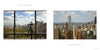 Two side-by-side photos from "Vista Manhattan" by Schiffer Publishing, Ltd.: the left shows Central Park and the NYC skyline through a window with a telescope; the right features skyscrapers under partly cloudy skies.