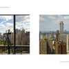 Two side-by-side photos from "Vista Manhattan" by Schiffer Publishing, Ltd.: the left shows Central Park and the NYC skyline through a window with a telescope; the right features skyscrapers under partly cloudy skies.