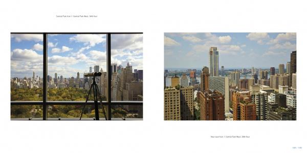 Two side-by-side photos from "Vista Manhattan" by Schiffer Publishing, Ltd.: the left shows Central Park and the NYC skyline through a window with a telescope; the right features skyscrapers under partly cloudy skies.