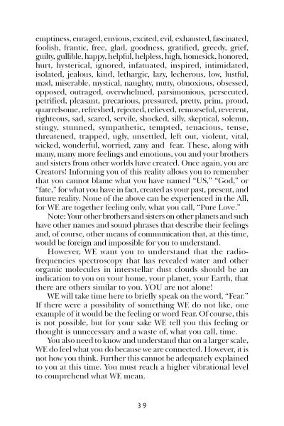A page from "From God to You" by Schiffer Publishing, Ltd. lists emotional words, explores the concept of “WE” as creators, shares channeled life purpose messages, and ends with, “You must reach a higher vibrational level to comprehend what WE mean.”.