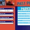 The “Past Parks & Rides” section in Coasting Around the UK by Schiffer Publishing, Ltd. features a table of contents with blue and orange accents, UK coaster images, and British park and ride names with page numbers aligned left and right.