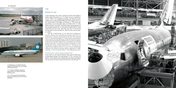 A page from Schiffer Publishing, Ltd.'s Boeing 737 book displays two color photos of 737s at airports (left), a black-and-white factory assembly photo (right), and descriptive Boeing 737 text.