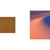 A spread from America's Outback by Schiffer Publishing, Ltd. features text on the left and a right-side photo of rippled sand dunes at sunset, bathed in orange and purple light that highlights ancient trails and smooth curves.