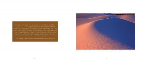 A spread from America's Outback by Schiffer Publishing, Ltd. features text on the left and a right-side photo of rippled sand dunes at sunset, bathed in orange and purple light that highlights ancient trails and smooth curves.