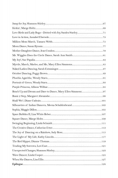 A table of contents page from the art quilt book "Dare to Dance" by Schiffer Publishing, Ltd., lists dance quilt patterns and their creators with page numbers, concluding with an epilogue on the artist’s vision of joy.
