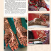 A collage features hands with detailed mehndi, artists creating patterns, and a printed article from "Indian Weddings" by Schiffer Publishing, Ltd., highlighting the cultural significance of mehndi in Indian American wedding traditions.