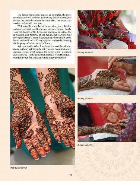 A collage features hands with detailed mehndi, artists creating patterns, and a printed article from "Indian Weddings" by Schiffer Publishing, Ltd., highlighting the cultural significance of mehndi in Indian American wedding traditions.