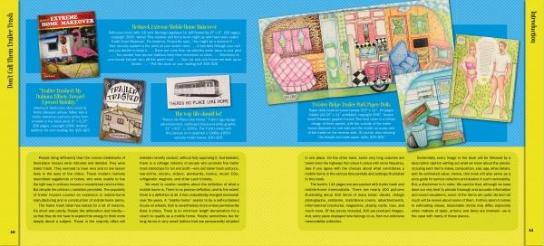 A vibrant magazine spread features photos and illustrations of vintage trailer homes and decorated interiors, highlighting "Don't Call Them Trailer Trash" from Schiffer Publishing, Ltd., set against blue and yellow backgrounds with blocks of text.