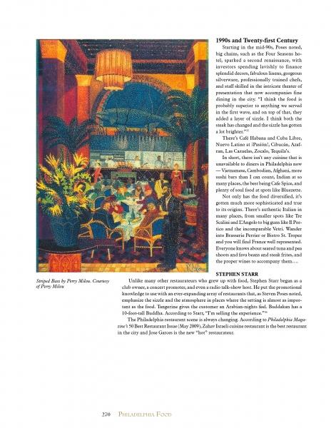A vibrant illustration from "Philadelphia Originals" by Schiffer Publishing, Ltd. showcases an elegant restaurant with diners, floral displays, grand columns, and a high ceiling, reflecting Philadelphia style and Stephen Starr’s enduring culinary influence.