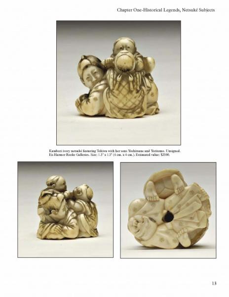 Three views of the Netsuke by Schiffer Publishing, Ltd. are shown: Tokime with sons Yoshimune and Yorimune upright (top) and front and back angles (bottom), showcasing this detailed carved ivory artwork.