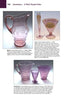 A catalog page from Schiffer Publishing, Ltd.'s "Colors & Patterns of Depression Era Glassware" shows photos and descriptions of purple glassware—pitcher, goblet, cups—each labeled with name, maker, era, and value.