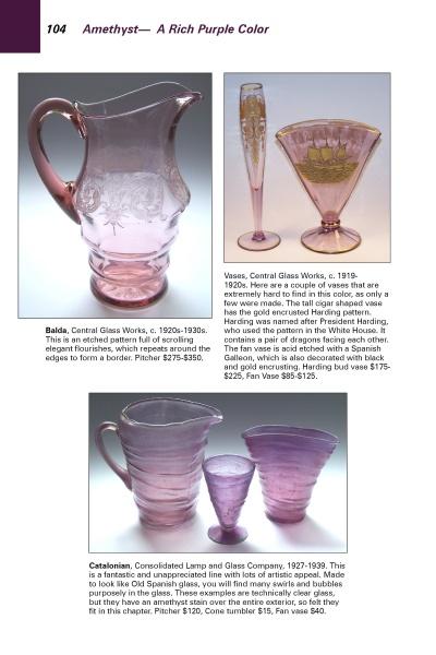 A catalog page from Schiffer Publishing, Ltd.'s "Colors & Patterns of Depression Era Glassware" shows photos and descriptions of purple glassware—pitcher, goblet, cups—each labeled with name, maker, era, and value.
