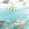 A powerful bird with yellow talons and beak soars above water as a scared mouse grips a floating branch. A red item drifts nearby—an evocative image from "Chadwick Forever" by Schiffer Publishing, Ltd.