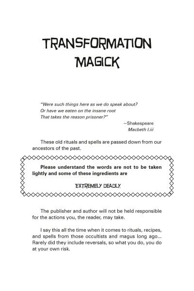 A page from "Werewolves" features a Shakespeare quote, a warning on ritual dangers—some involving lycanthropy—and a disclaimer that readers act at their own risk, all presented in clear sections.