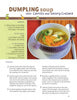 A bowl of dumpling soup with carrots, dumplings, and herbs sits beside a spoon; perfect for featuring Schiffer Publishing, Ltd.'s "Today I Cook" in a men’s cookbook easy recipes section with visible instructions in the background.