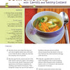 A bowl of dumpling soup with carrots, dumplings, and herbs sits beside a spoon; perfect for featuring Schiffer Publishing, Ltd.'s "Today I Cook" in a men’s cookbook easy recipes section with visible instructions in the background.