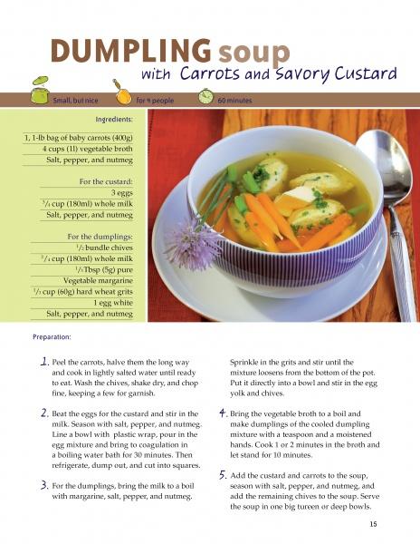 A bowl of dumpling soup with carrots, dumplings, and herbs sits beside a spoon; perfect for featuring Schiffer Publishing, Ltd.'s "Today I Cook" in a men’s cookbook easy recipes section with visible instructions in the background.