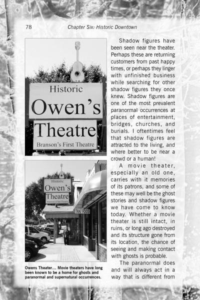 A black-and-white page from "Branson Hauntings" by Schiffer Publishing, Ltd. showcases two Historic Owens Theatre sign photos and text about shadow figures and ghost sightings, set against images of the theater's exterior.