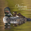 A common loon with two chicks on its back glides over calm water. The background is blurred. Text reads: Visions by Schiffer Publishing, Ltd.—a stunning showcase of bird and nature photography for wildlife enthusiasts.