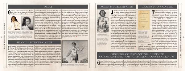 A two-page spread from "Freaks of Sideshow and Film" by Schiffer Publishing, Ltd. features text, black-and-white portraits, and historical illustrations of circus figures like Omai, Jean Baptiste Cabri, John Rutherford, James P. O’Connell, and George Constantine.