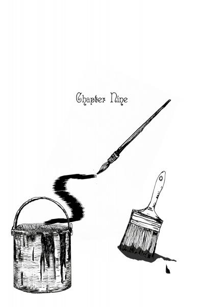 Black and white drawing of a paint bucket and brushes—ideal for illustrating "Wicked Haints" from Schiffer Publishing, Ltd., capturing the spirit of a Savannah haunted house. Above, text reads Chapter Nine.