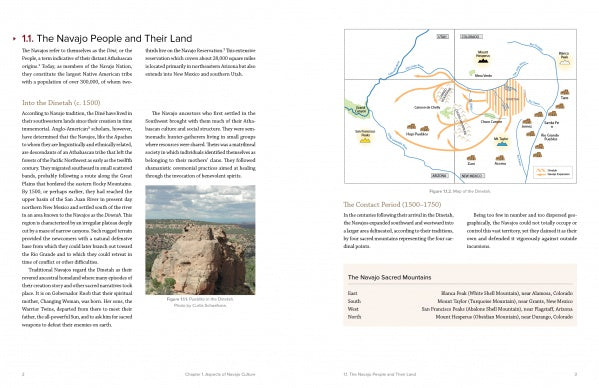 A textbook page titled "The Navajo People and Their Land," with two text columns, a photo of a rocky landscape, and a map of the Navajo homeland appears alongside "Navajo Weavings with Ceremonial Themes" by Schiffer Publishing, Ltd.