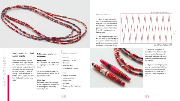 A step-by-step guide in "Paper Jewelry" by Schiffer Publishing, Ltd. shows how to make colorful red and pink beaded necklaces from rolled paper strips—an inspiring recycled craft tutorial with instructions and diagrams.