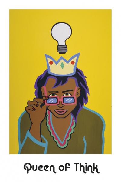 Illustration of a diverse woman wearing a crown and pink glasses with a light bulb above her head on yellow, text "Queen of Think." Ideal for the Hip Chick Tarot by Schiffer Publishing, Ltd.—great for your deck or companion guidebook.