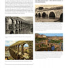 A page from Bridges: A Postcard History by Schiffer Publishing, Ltd. features text on the Segovia Viaduct and Roman aqueducts, images of ancient stone bridges, close-ups and panoramic views, plus captions on bridge engineering and landmarks.