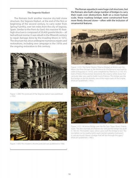 A page from Bridges: A Postcard History by Schiffer Publishing, Ltd. features text on the Segovia Viaduct and Roman aqueducts, images of ancient stone bridges, close-ups and panoramic views, plus captions on bridge engineering and landmarks.