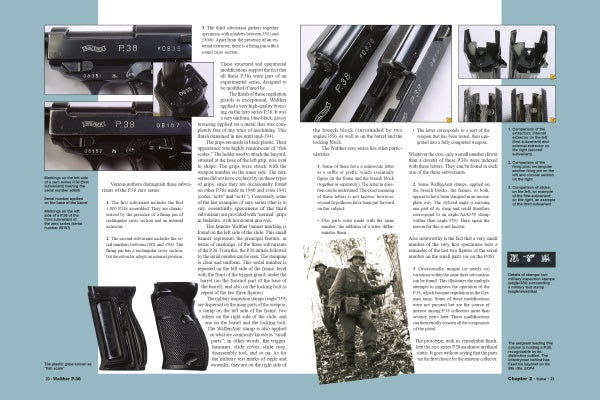 A magazine page from Schiffer Publishing, Ltd. displays text, photos of Walther P.38 pistols, close-ups of serial numbers and grips, and a vintage image of a soldier with this World War II German pistol, arranged in blue-barred columns.