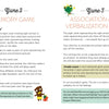 Two pages from Little Box of Emotions by Schiffer Publishing, Ltd.: Page 6 has a self-awareness card matching game about animal emotions with cartoon tips. Page 7 features a cartoon frog with an emotions association game for toddlers.