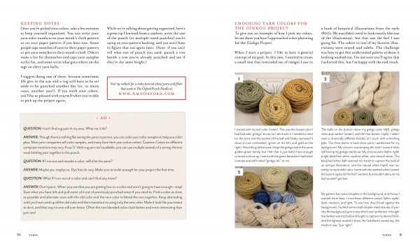A book spread from "Punch Needle Rug Hooking" by Schiffer Publishing, Ltd. shows a Q&A with punch needle tips and red highlights on the left page, and three step-by-step photos of colorful yarn for punch needle or rug hooking on the right.