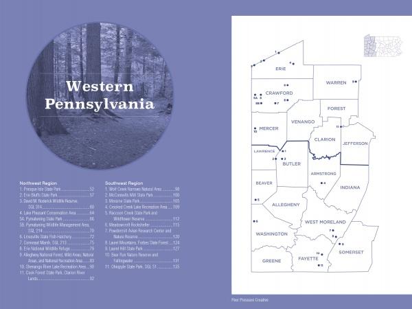 On the right, a map highlights Western Pennsylvania's counties; on the left, a forest background, the title "Pennsylvania's Preserved Lands," and notable Northwest and Southwest sites, from Schiffer Publishing, Ltd.