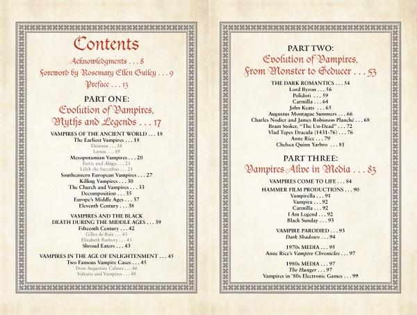 Vampire Evolution by Schiffer Publishing, Ltd. includes a detailed two-page table of contents with sections on vampire evolution, ancient folklore, and vampires in media, plus precise page numbers for an in-depth historical overview.