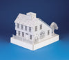 The Saltbox House by Schiffer Publishing is a detailed white paper model featuring a chimney, picket fence, and trees, set against a blue background—ideal as an activity playset for creative minds.