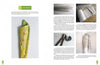 A two-page spread from "Sculptural Secrets for Mosaics" by Schiffer Publishing, Ltd. shows an embroidered yellow fabric on the left, and step-by-step photos and text detailing its creation with texture paste, mosaic techniques, and tools on the right.