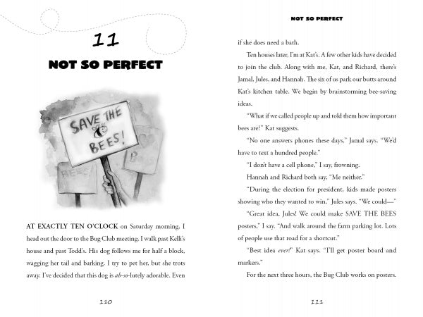 An open book displays pages 110–111 of Something Is Bugging Samantha Hansen by Schiffer Publishing, Ltd. An illustration shows Samantha holding a “Save the Bees!” sign as her dog looks up, while the club plans to help honey bees.