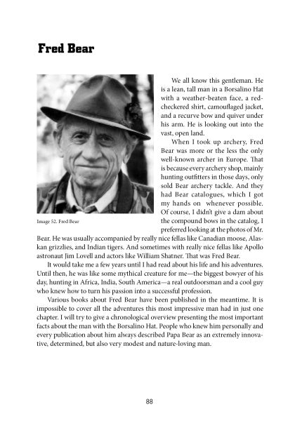 Black-and-white photo of an older man in a Borsalino hat and coat, smiling at the camera. The page discusses Fred Bear’s life and influence, as featured in Legends in Archery from Schiffer Publishing, Ltd.