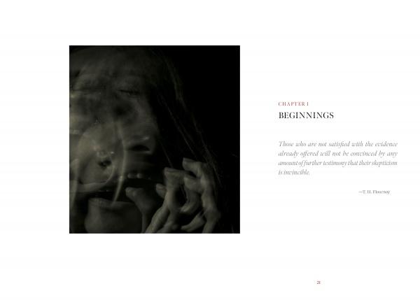A dark, blurred image of a distressed person appears beside “Chapter 1 Beginnings” and a T.H. Huxley quote about evidence and testimony, featured in "Demons" by Schiffer Publishing, Ltd. on a white background.